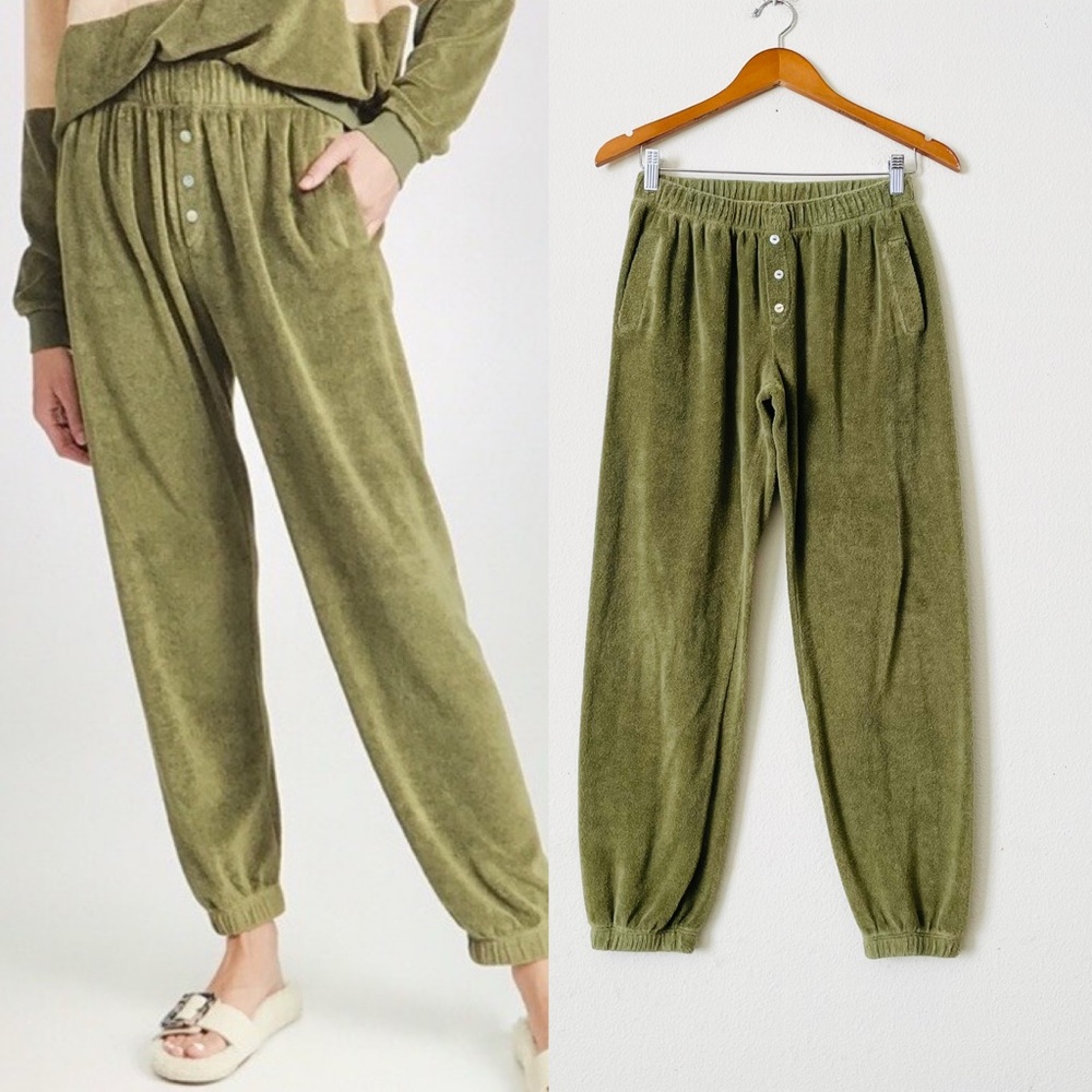 Donni XS Terry Cloth Henley button pocketed tapered leg joggers in Basil Green